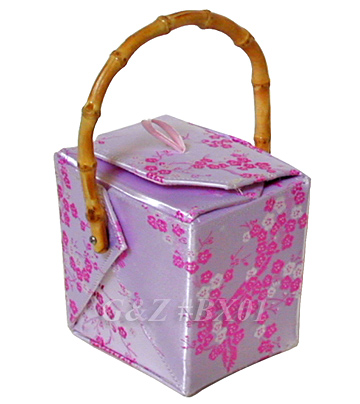 BX01 - Silver/Pink Chinese 'Take-Out-Box' Shape Handbags(Cherry Blossom Brocade)
