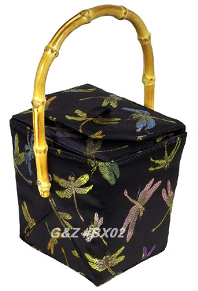 BX02 - Black Chinese \'Take-Out-Box\' Shape Handbags(Dragonfly Brocade)