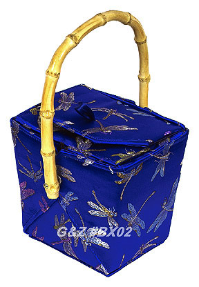 BX02 - Diamond Blue Chinese 'Take-Out-Box' Shape Handbags(Dragonfly Brocade)