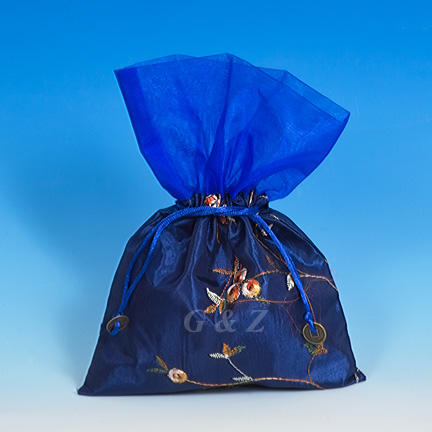 SSP-EM02 Dark Blue Mini Pull-Close Pouch(Floral Embroidery Fabric)